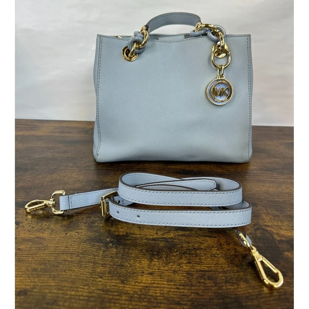 Michael Kors Cynthia Satchel Pale Blue Saffiano Leather Chain Handle Handbag